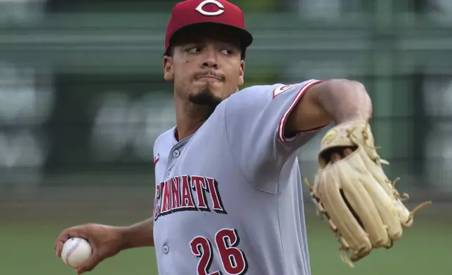 Cincinnati Reds pitcher Chase Burns delivers during the first inning of a baseball game against the Pittsburgh Pirates in Pittsburgh, Friday, Aug. 8, 2025. (AP Photo/Gene J. Puskar)