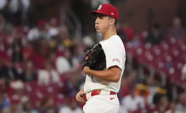 St. Louis Cardinals starting pitcher Michael McGreevy pauses on the mound after giving up a two-run home run to Pittsburgh Pirates' Bryan Reynolds during the third inning of a baseball game Monday, Aug. 25, 2025, in St. Louis. (AP Photo/Jeff Roberson)