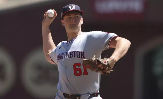 Washington Nationals starting pitcher Brad Lord throws to an San Francisco Giants batter during the first inning of a baseball game Saturday, Aug. 9, 2025, in West Sacramento, Calif. (AP Photo/Scott Marshall)