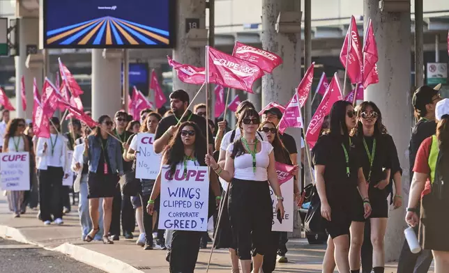 Air Canada flight attendants picket at Pearson International Airport in Toronto on Saturday, Aug. 16, 2025. (Sammy Kogan/The Canadian Press via AP)