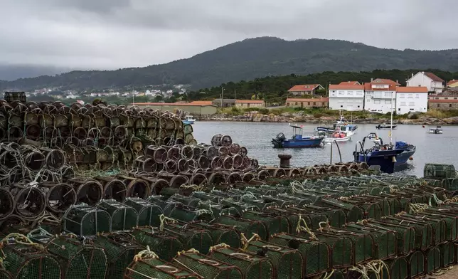 Octopus traps sit on the Port of Lira on Tuesday, June 24, 2025, in Lira, Spain, during an unusually long octopus fishing pause period. (AP Photo/Annika Hammerschlag)