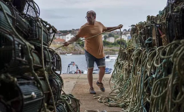 Fisherman Primitivo Pedrosa prepares octopus traps for the start of octopus fishing season after an unusually long pause period Tuesday, June 24, 2025, in Lira, Spain. (AP Photo/Annika Hammerschlag)