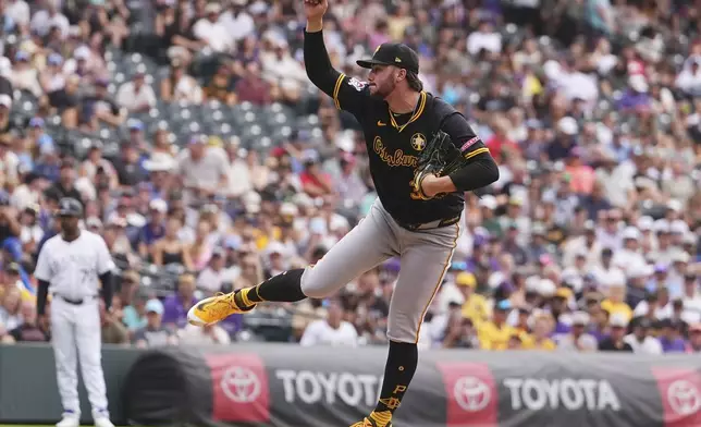 Pittsburgh Pirates starting pitcher Paul Skenes works against the Colorado Rockies in the second inning of a baseball game Saturday, Aug. 2, 2025, in Denver. (AP Photo/David Zalubowski)