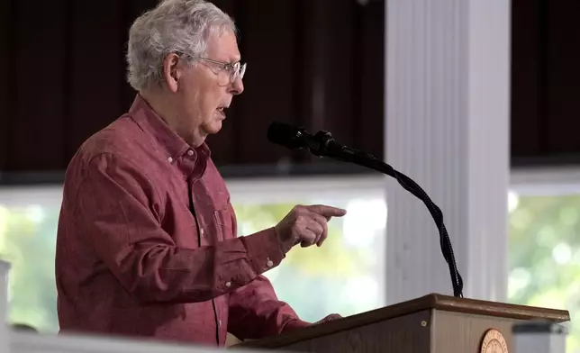 Sen. Mitch McConnell, R-Ky., speaks at the annual Fancy Farm picnic Saturday, Aug. 2, 2025, in Fancy Farm, Ky. (AP Photo/Mark Humphrey)