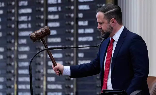 Texas Speaker of the House Dustin Burrows, R-Lubbock, oversees a debate over a redrawn U.S. congressional map in Texas during a special session, Wednesday, Aug. 20, 2025, in Austin, Texas. (AP Photo/Eric Gay)