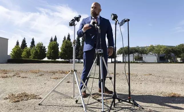 Florida Lt. Gov. Jay Collins makes remarks at a news conference on Thursday, Aug. 21, 2025, in Stockton, Calif. (AP Photo/Benjamin Fanjoy)