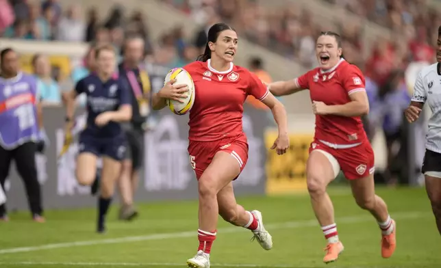 Canada's Julia Schell breaks through and scores a try during the Women's Rugby World Cup 2025 Pool B match between Canada and Fiji at the York Community Stadium in York, England, Saturday, Aug. 23, 2025. (Danny Lawson/PA via AP)