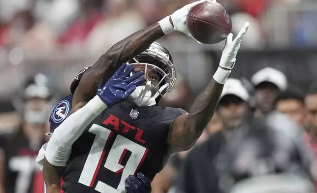 Atlanta Falcons wide receiver Chris Blair (19) makes a catch during the first half of a preseason NFL football game against the Tennessee Titans, Friday, Aug. 15, 2025, in Atlanta. (AP Photo/Mike Stewart)