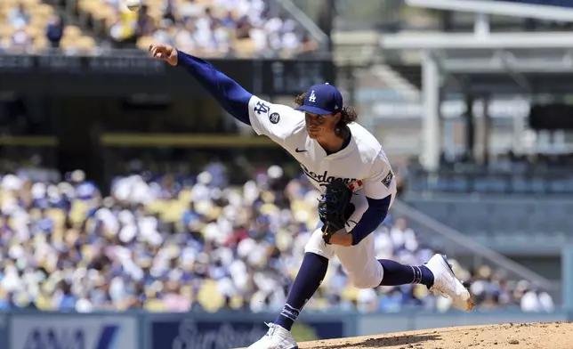 Los Angeles Dodgers pitcher Tyler Glasnow delivers against the San Diego Padres during the second inning of a baseball game, Sunday, Aug. 17, 2025, in Los Angeles. (AP Photo/Kevork Djansezian)