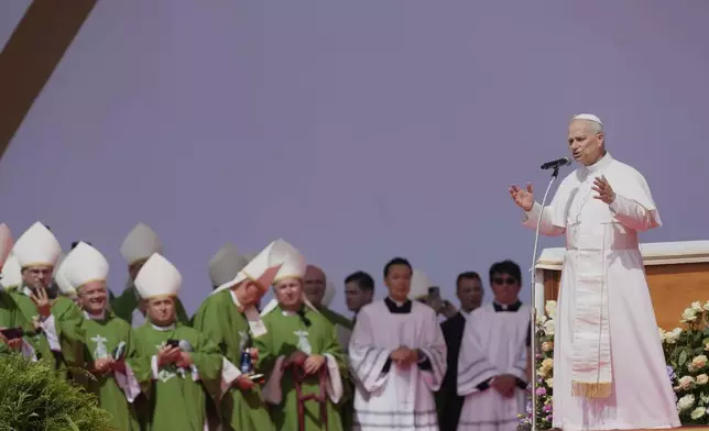 Pope Leo XIV holds a Mass with young people participating in the Youths Jubilee at the Tor Vergata field in Rome, Sunday, Aug. 3, 2025. (AP Photo/Gregorio Borgia)