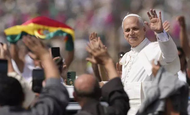 Pope Leo XIV leaves at the end of a Mass with young people participating in the Youths Jubilee at the Tor Vergata field in Rome, Sunday, Aug. 3, 2025. (AP Photo/Gregorio Borgia)