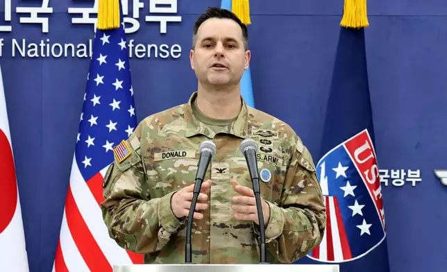 Col. Ryan Donald, public affairs director of the United Nations Command (UNC), Combined Forces Command (CFC), and United States Forces Korea (USFK) attends a press briefing of Ulchi Freedom Shield 2025 exercise at the Defense Ministry in Seoul Thursday, Aug. 7, 2025. (Chung Sung-Jun/Pool Photo via AP)