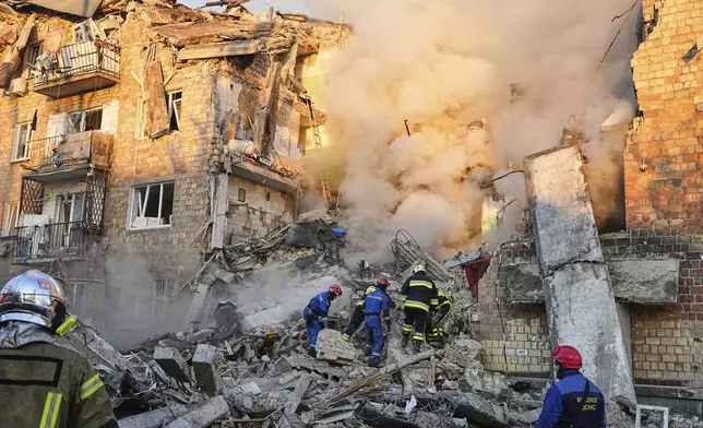Firefighters work on the site of a burning building after a Russian attack in Kyiv, Ukraine, early Thursday, Aug. 28, 2025. (AP Photo/Efrem Lukatsky)