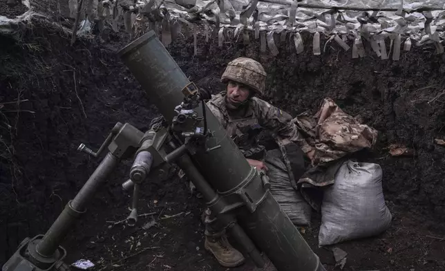 In this photo provided by Ukraine's 93rd Kholodnyi Yar Separate Mechanized Brigade press service, a soldier fires a mortar towards positions of Russian troops near Kostyantynivka in Donetsk region, Ukraine, Tuesday, Aug. 26, 2025. (Iryna Rybakova/Ukraine's 93rd Mechanized Brigade via AP)
