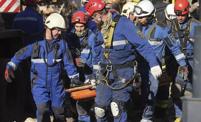 Firefighters carry a victim's body from a damaged building after a Russian attack in Kyiv, Ukraine, Thursday, Aug. 28, 2025. (AP Photo/Efrem Lukatsky)