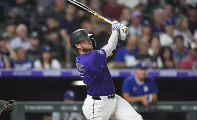 Colorado Rockies' Hunter Goodman follows the flight of his double to drive in two runs off Los Angeles Dodgers relief pitcher Jack Dreyer in the eighth inning of a baseball game, Wednesday, Aug. 20, 2025, in Denver. (AP Photo/David Zalubowski)
