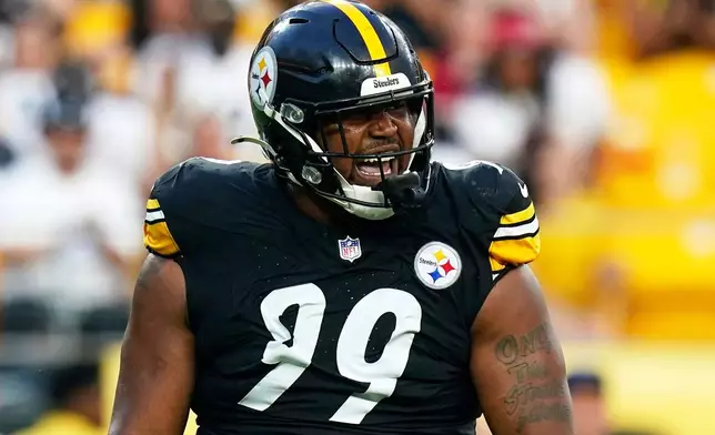 Pittsburgh Steelers defensive tackle Derrick Harmon celebrates sacking Tampa Bay Buccaneers quarterback Kyle Trask during the first half of an NFL football preseason game, Saturday, Aug. 16, 2025 in Pittsburgh. (AP Photo/Matt Freed)
