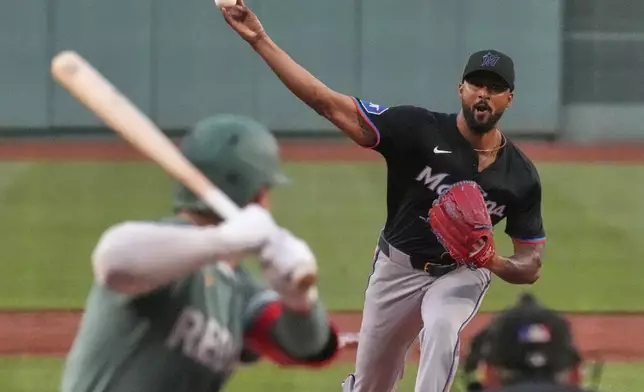 Miami Marlins pitcher Sandy Alcantara delivers during the first inning of a baseball game against the Boston Red Sox at Fenway Park, Friday, Aug. 15, 2025, in Boston. (AP Photo/Charles Krupa)