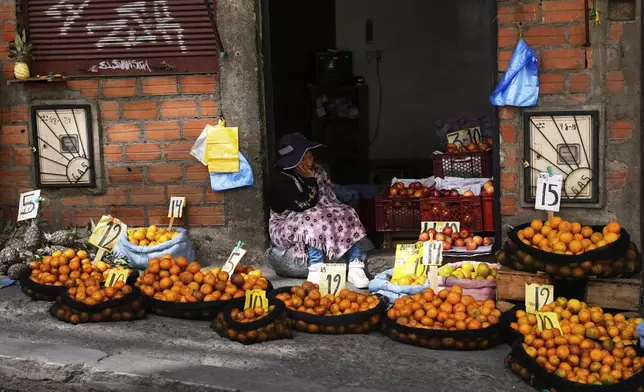 FILE - A fruit vendor waits for customers in La Paz, Bolivia, Aug. 8, 2025. (AP Photo/Juan Karita, File)