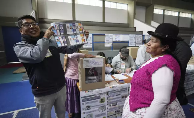 An electoral official displays a ballot listing presidential candidates during general elections in La Paz, Bolivia, Sunday, Aug. 17, 2025. (AP Photo/Natacha Pisarenko)