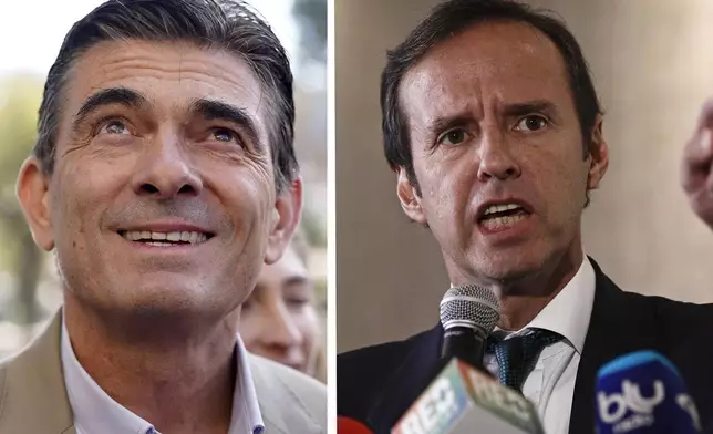 FILE - This combination photo shows presidential candidates Rodrigo Paz, left and Bolivia's former President Jorge Quiroga, right. (AP Photos/Freddy Barragan, Arnulfo Franco)