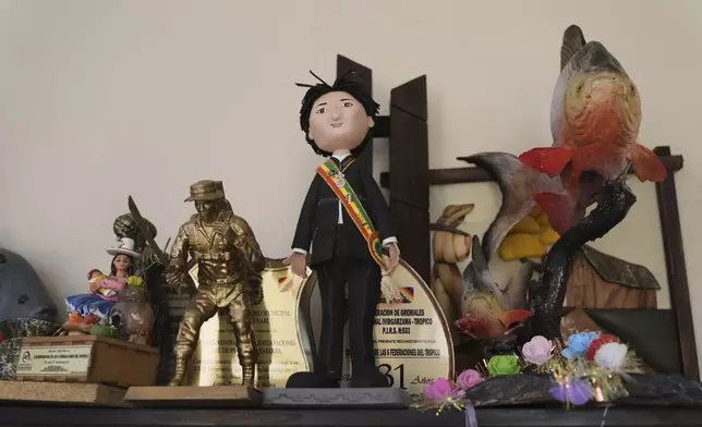 A doll adorned with a miniature presidential depicting former President Evo Morales, who is promoting a null vote campaign in the presidential and legislative elections, sits on a shelf in his office during an interview in Lauca N, Chapare region, Bolivia, Saturday, Aug. 16, 2025. (AP Photo/Jorge Saenz)
