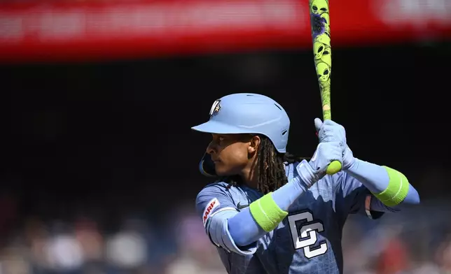 Washington Nationals' CJ Abrams uses a custom alien-themed bat during the first inning of a baseball game against the Philadelphia Phillies, Saturday, Aug. 16, 2025, in Washington. (AP Photo/Nick Wass)