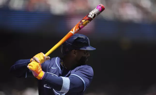 Cartoon characters Tom and Jerry are shown on the custom bat of Tampa Bay Rays' Yandy Díaz as he bats against the San Francisco Giants during the first inning of a baseball game in San Francisco, Sunday, Aug. 17, 2025. (AP Photo/Jeff Chiu)