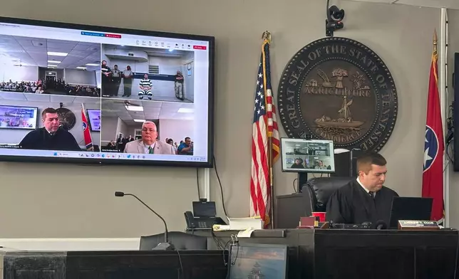 CORRECTS NAME TO ANDREW NOT ANTHONY Lake County General Sessions Judge Andrew T. Cook speaks to Austin Drummond via video conference during an arraignment on Thursday, Aug. 7, 2025, in Tiptonville, Tenn. (AP Photo/Adrian Sainz)