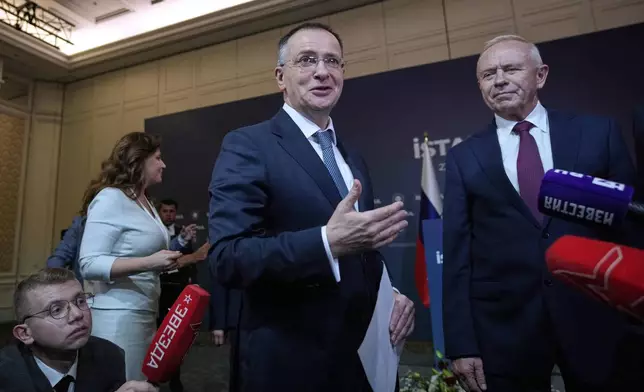 FILE - Russian presidential aide Vladimir Medinsky arrives for a news conference following a meeting between Russian and Ukrainian delegations for peace talks at the Ciragan Palace in Istanbul, July 23, 2025. (AP Photo/Emrah Gurel, File)