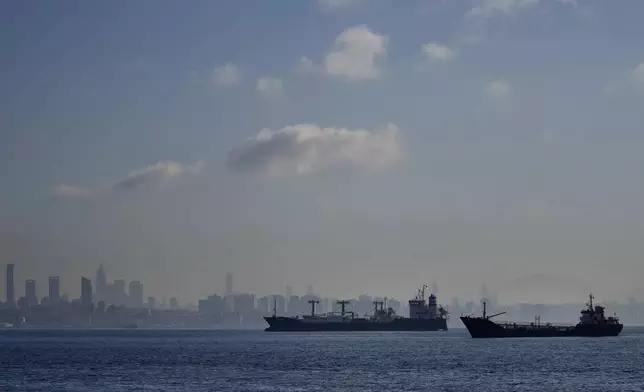 FILE - Cargo ships anchored in the Marmara Sea wait to cross the Bosphorus Straits in Istanbul, Nov. 1, 2022. (AP Photo/Khalil Hamra, File)