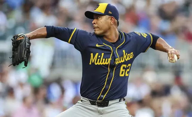 Milwaukee Brewers pitcher Jose Quintana delivers in the second inning of a baseball game against the Atlanta Braves, Wednesday, Aug. 6, 2025, in Atlanta. (AP Photo/Colin Hubbard)