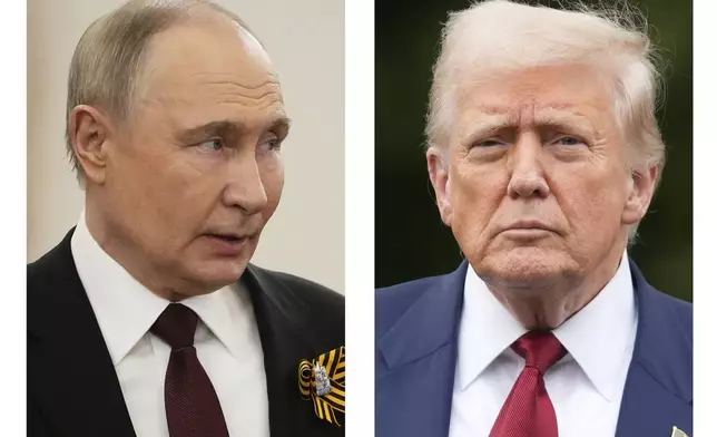 FILE - This combination of photos shows Russian President Vladimir Putin, left, in Moscow on May 9, 2025, and President Donald Trump in Washington on Aug. 1. (AP Photo/Alexander Zemlianichenko, Pool, Mark Schiefelbein, File)