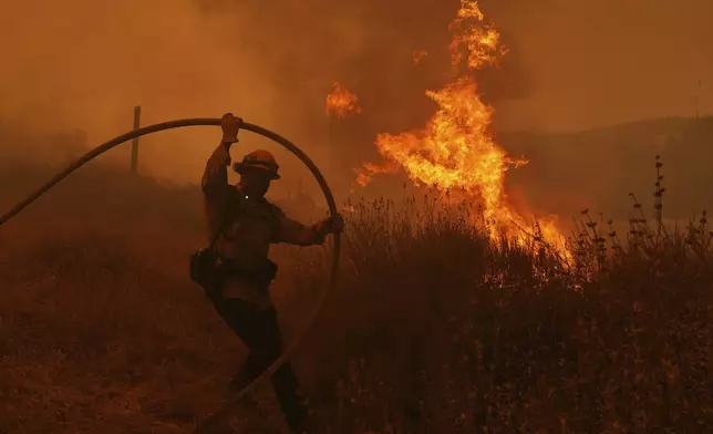 A firefighter battles the Canyon Fire on Thursday, Aug. 7, 2025, in Halsey Canyon, Calif. (AP Photo/Marcio Jose Sanchez)