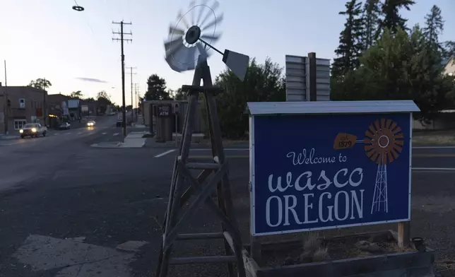 A sign for Wasco, Ore., is seen after Sen. Ron Wyden, D-Ore., held a town hall meeting on Friday, July 25, 2025, in Wasco. (AP Photo/Jenny Kane)