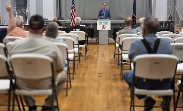 Sen. Ron Wyden, D-Ore. speaks during a town hall meeting on Friday, July 25, 2025, in Wasco, Ore. (AP Photo/Jenny Kane)