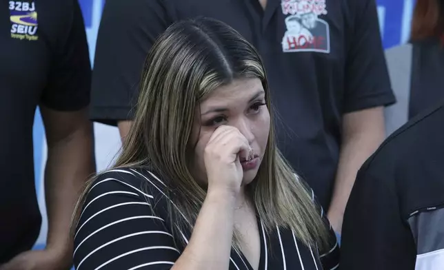 Jennifer Vasquez Sura, wife of Kilmar Abrego Garcia, attends a protest rally at the Immigration and Customs Enforcement field office in Baltimore, Monday, Aug. 25, 2025, to support Kilmar Abrego Garciab. (AP Photo/KT Kanazawich)