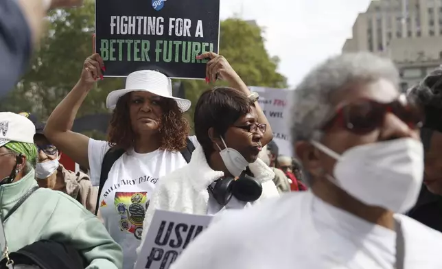 Protesters gather before they walk for the March on Wall Street, Thursday, Aug. 28, 2025, in New York. (AP Photo/Heather Khalifa)