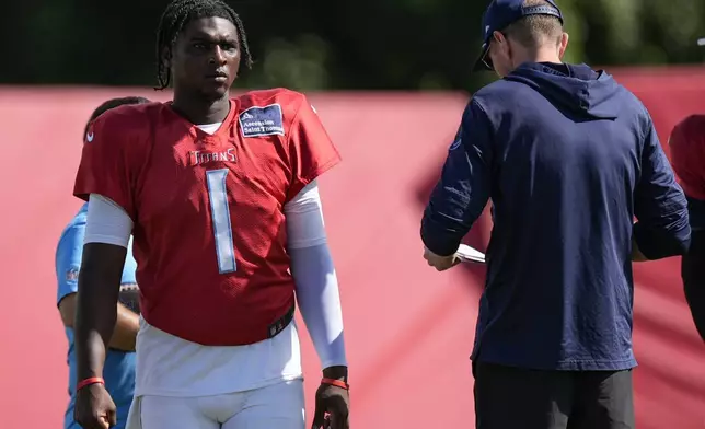 Tennessee Titans quarterback Cameron Ward warms up during a joint NFL football practice Wednesday between the Atlanta Falcons and the Tennessee Titans, Aug. 13, 2025, in Flowery Branch, Ga. (AP Photo/Mike Stewart)