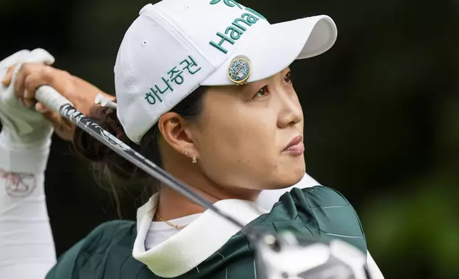 Minjee Lee, of Australia, tees off on the fifth hole during the fourth round of the CPKC Women's Open at the Mississauga Golf and Country Club in Mississauga, Ontario, Sunday, Aug. 24, 2025. (Thomas Skrlj/The Canadian Press via AP)