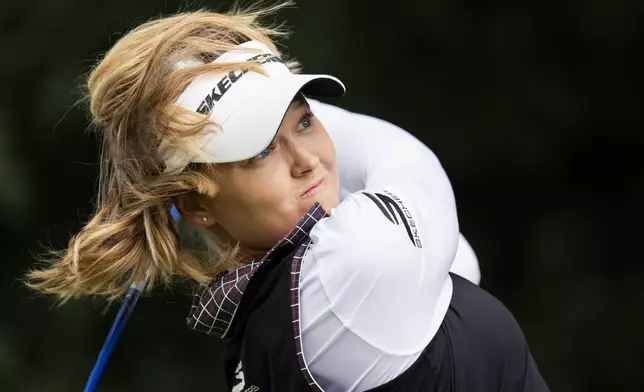 Canada's Brooke Henderson tees off on the fifth hole during the fourth round of the CPKC Women's Open at the Mississauga Golf and Country Club in Mississauga, Ontario, Sunday, Aug. 24, 2025. (Thomas Skrlj/The Canadian Press via AP)