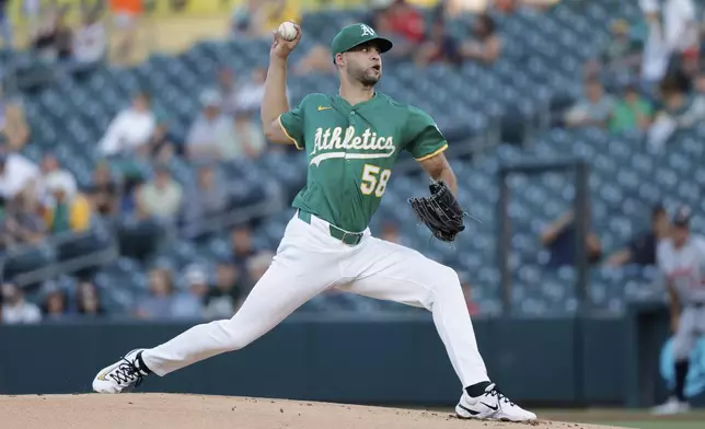 Athletics starting pitcher Luis Morales throws to a Detroit Tigers batter during the first inning of a baseball game Wednesday, Aug. 27, 2025, in West Sacramento, Calif. (AP Photo/Sergio Estrada)