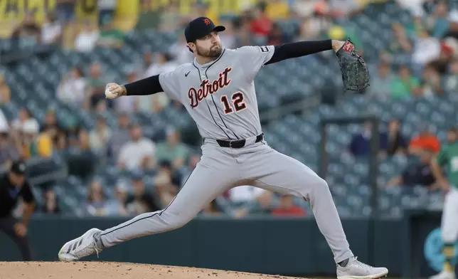 Detroit Tigers starting pitcher Casey Mize throws to an Athletics batter during the first inning of a baseball game Wednesday, Aug. 27, 2025, in West Sacramento, Calif. (AP Photo/Sergio Estrada)