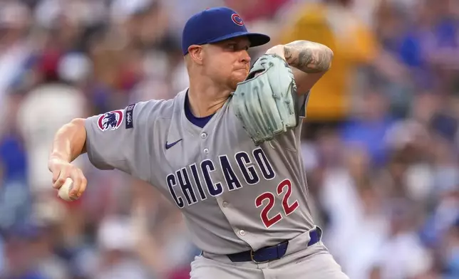 Chicago Cubs starting pitcher Cade Horton throws to the plate during the first inning of a baseball game against the Los Angeles Angels, Saturday, Aug. 23, 2025, in Anaheim, Calif. (AP Photo/Mark J. Terrill)