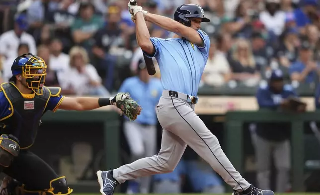 Tampa Bay Rays' Tristan Peters swings in his first major league at-bat as Seattle Mariners catcher Cal Raleigh looks on during the second inning of a baseball game Friday, Aug. 8, 2025, in Seattle. (AP Photo/Lindsey Wasson)