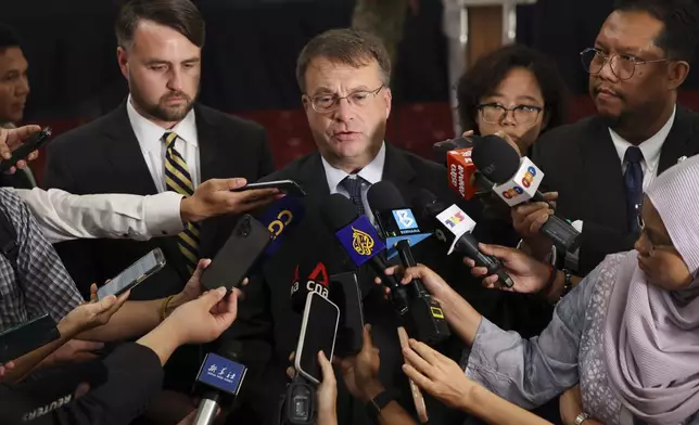 United States Ambassador to Malaysia Edgard D. Kagan speaks to media after a meeting of the Extraordinary General Border Committee (GBC) to discuss the border dispute between Thailand and Cambodian, in Kuala Lumpur, Malaysia, Thursday, Aug. 7, 2025. (Hasnoor Hussain/Pool Photo via AP)