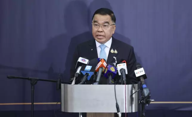 Thai Deputy Defence Minister Nattaphon Narkphanit speaks at a news conference after a meeting of the Extraordinary General Border Committee (GBC) to discuss the border dispute between Thailand and Cambodian, in Kuala Lumpur, Malaysia, Thursday, Aug. 7, 2025. (Hasnoor Hussain/Pool Photo via AP)