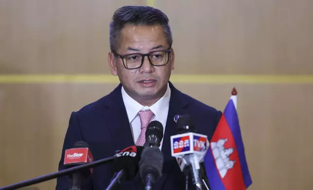 Cambodian Defence Minister General Tea Seiha speaks at a news conference after a meeting of the Extraordinary General Border Committee (GBC) to discuss the border dispute between Thailand and Cambodian, in Kuala Lumpur, Malaysia, Thursday, Aug. 7, 2025. (Hasnoor Hussain/Pool Photo via AP)