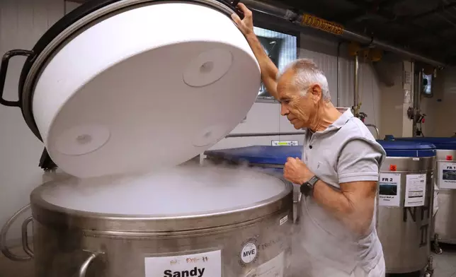 Harvard University professor Alberto Ascherio opens a liquid nitrogen freezer used to store blood samples used for research at the university's T.H. Chan School of Public Health on Tuesday, Aug. 5, 2025 in Boston. (AP Photo/Leah Willingham)