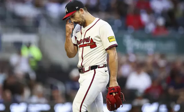 Atlanta Braves pitcher Spencer Strider reacts during the second inning of a baseball game against the Chicago White Sox, Monday, Aug. 18, 2025, in Atlanta. (AP Photo/Colin Hubbard)